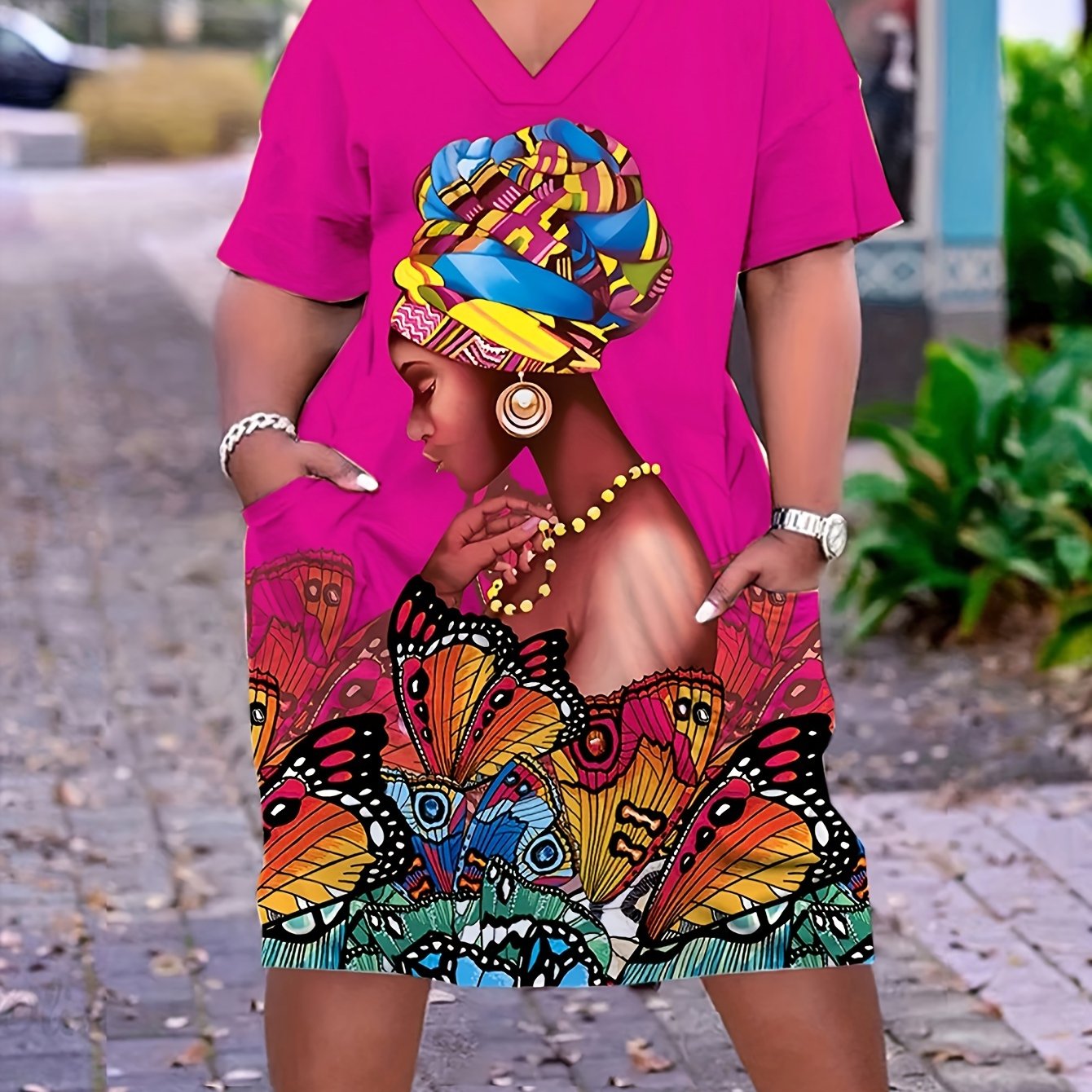 Plus Size Butterfly Print Dress โ Casual V-Neck Short Sleeve Dress with Pockets for Women