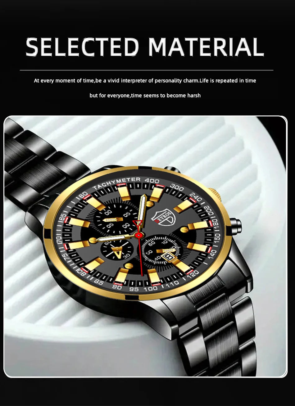 Luxury Menโs Quartz Watch โ Gold Needle, Steel Band, Calendar Display Classic Business & Casual Style