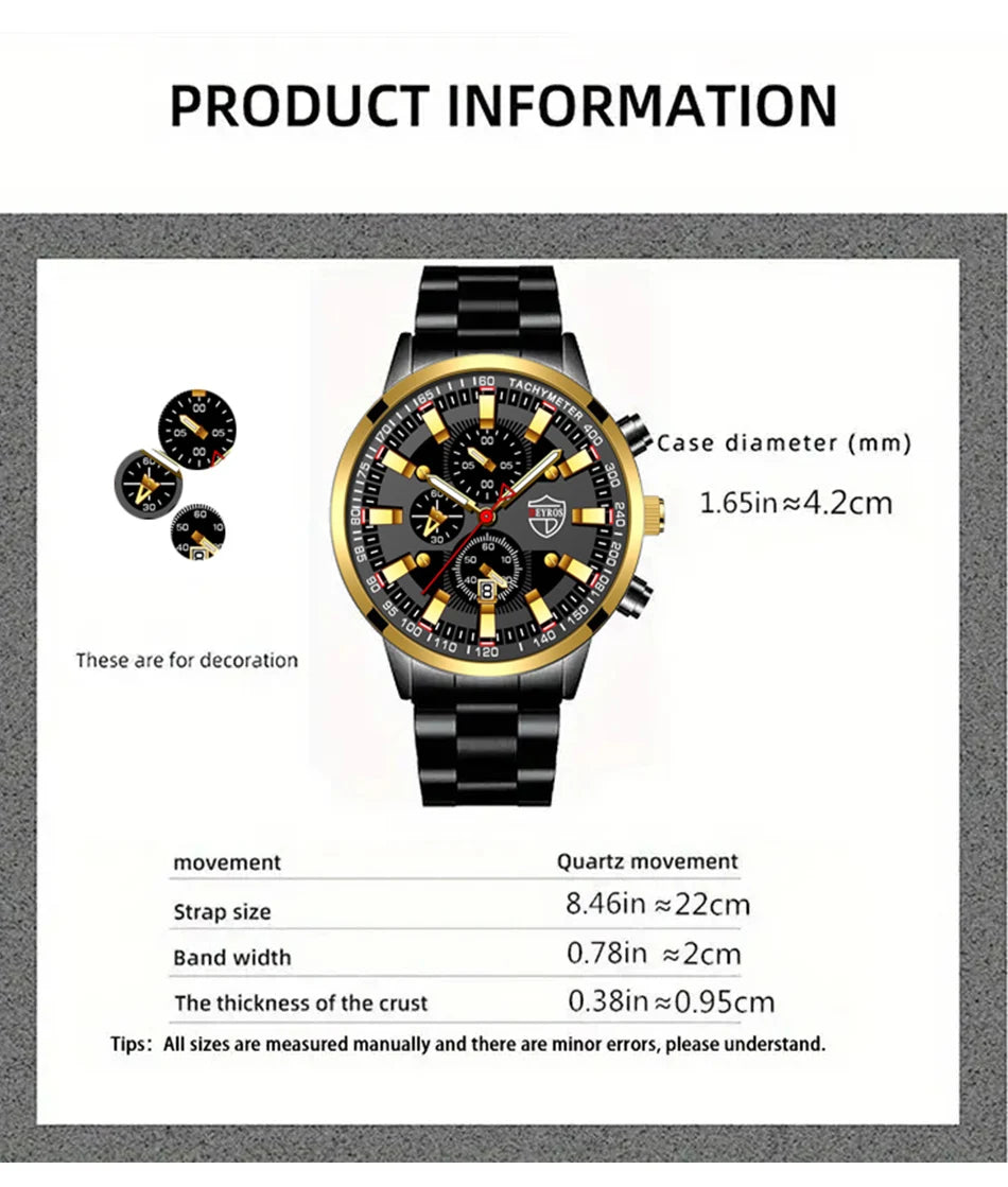 Luxury Menโs Quartz Watch โ Gold Needle, Steel Band, Calendar Display Classic Business & Casual Style