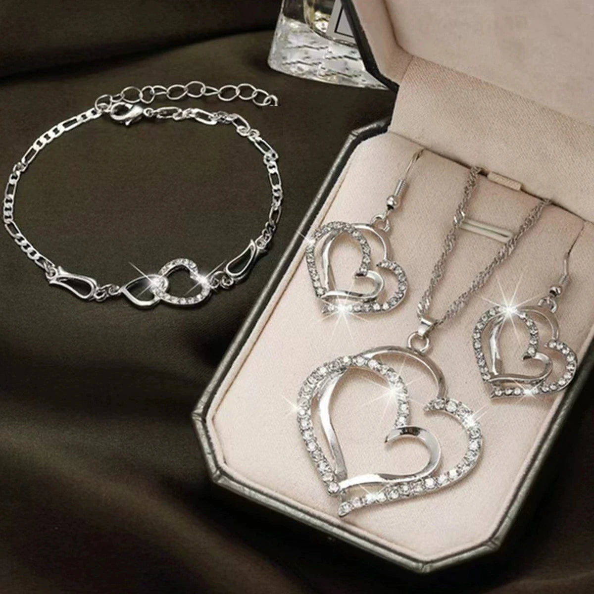 Rhinestone Double Heart Earrings & Pendant Necklace for women