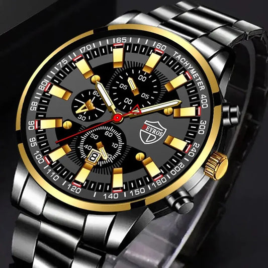 Luxury Men’s Quartz Watch – Gold Needle, Steel Band, Calendar Display Classic Business & Casual Style