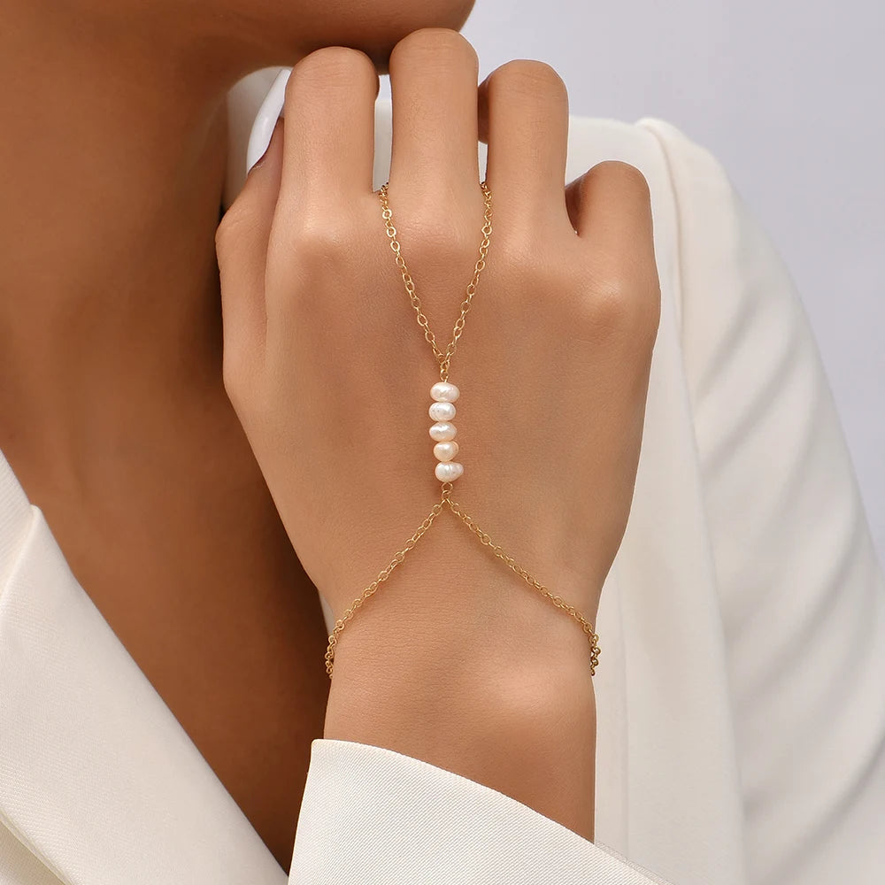 Dainty Gold-Plated Hand Chain Bracelet with Ring
