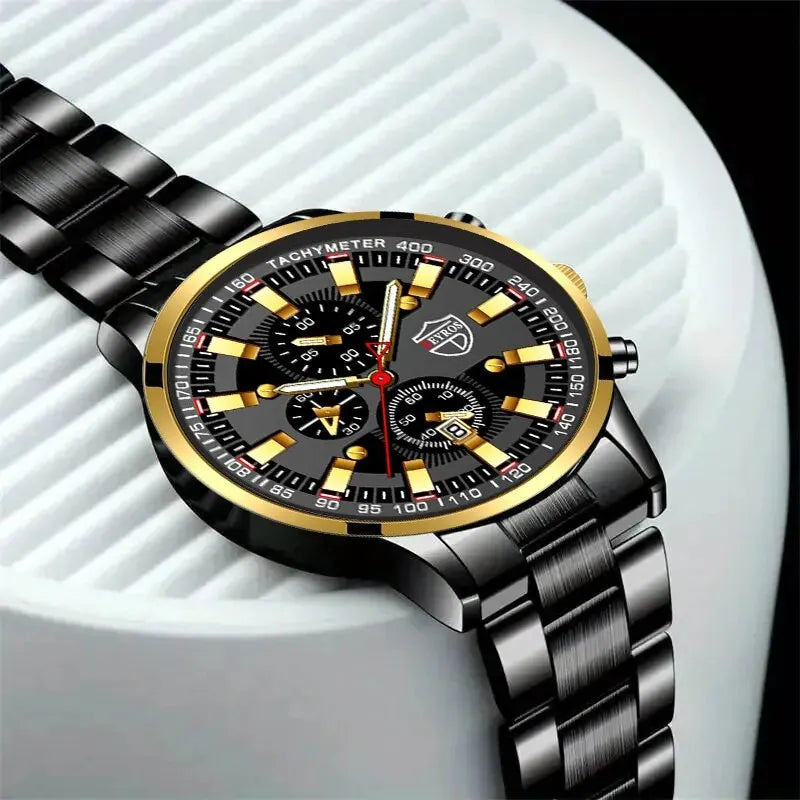 Luxury Menโs Quartz Watch โ Gold Needle, Steel Band, Calendar Display Classic Business & Casual Style