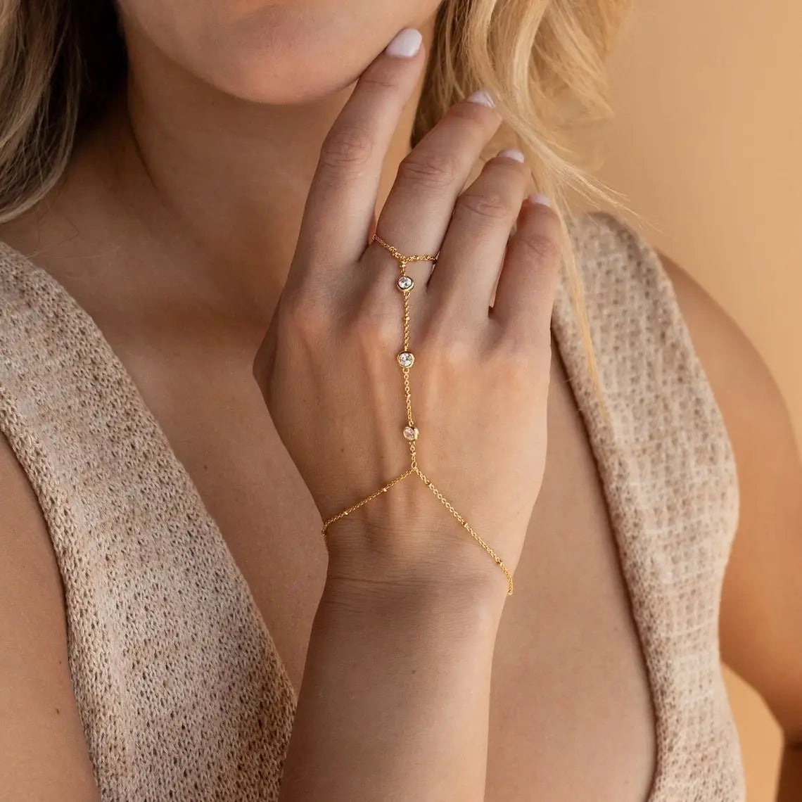 Dainty Gold-Plated Hand Chain Bracelet with Ring