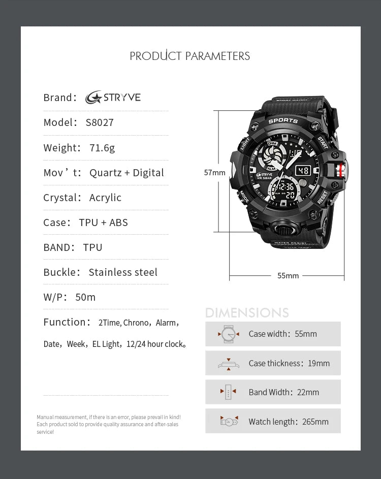 Menβs Dual Time Sport Watch β 50m Waterproof, Shock Resistant Digital Watch