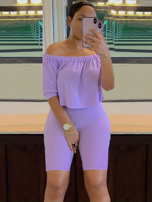 Sexy Solid Fashion Pantsuits Two-piece Set, Off Shoulder Short Sleeve Tops & Slim Shorts Set - Women's Clothing - For Women - Perfect for Parties & Night Out - Ideal Gift for Her