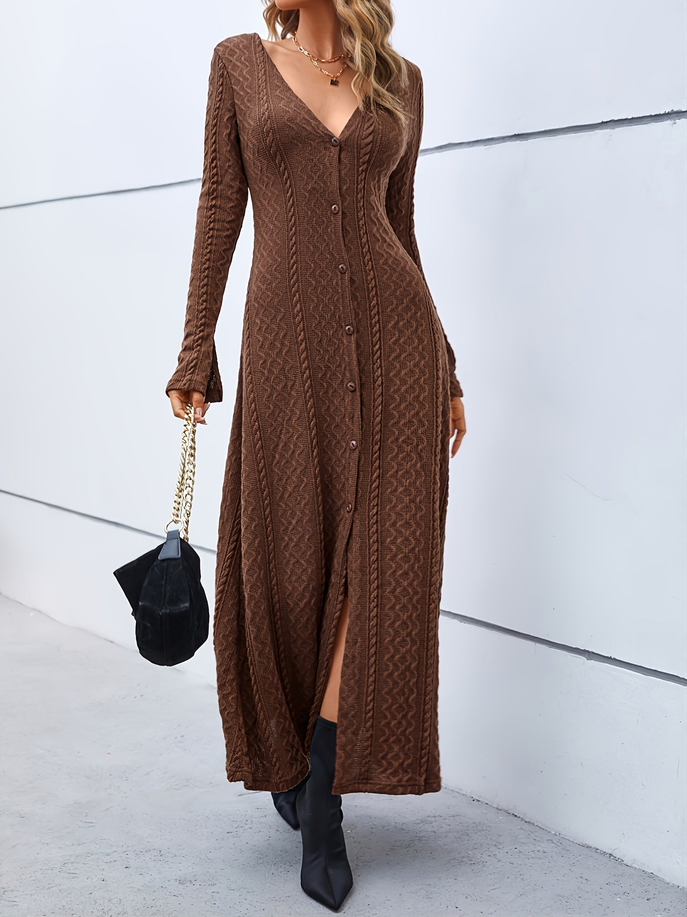 Elegant V-Neck Bodycon Dress - Women's Solid Mid Elasticity Knit Dress
