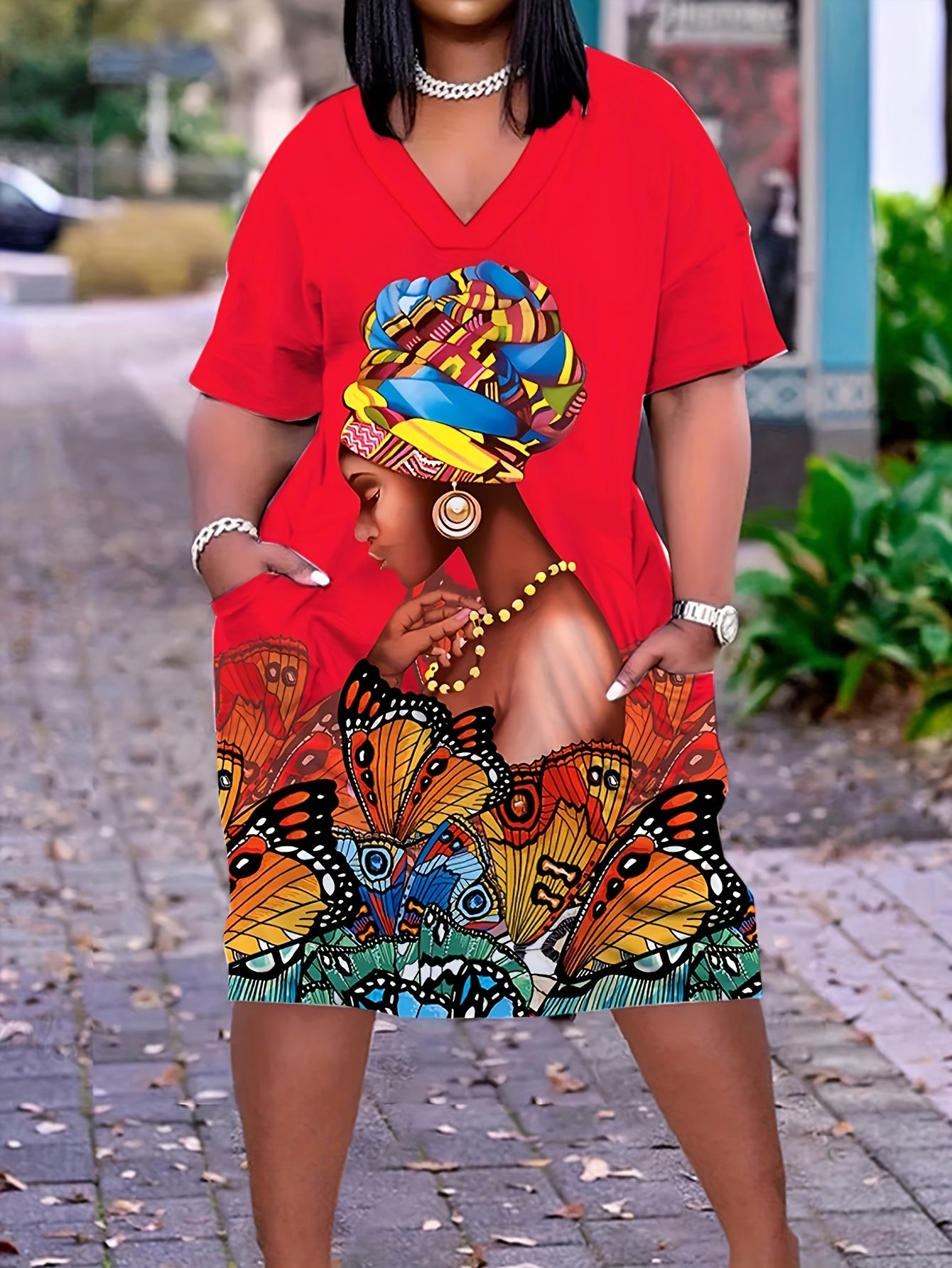 Plus Size Butterfly Print Dress โ Casual V-Neck Short Sleeve Dress with Pockets for Women