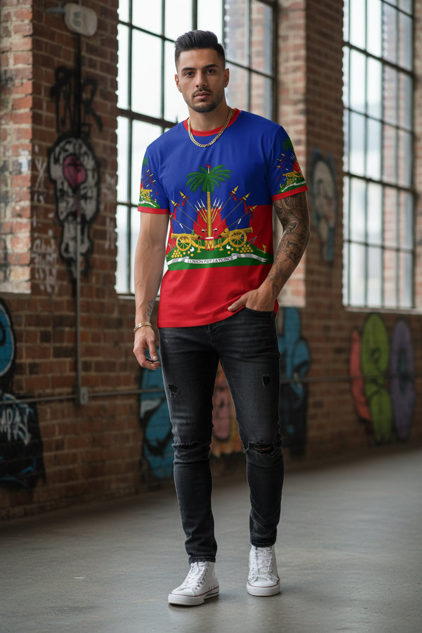 Haitian Spirit Performance Tee – Palm Tree & Fleur-de-Sabre Edition