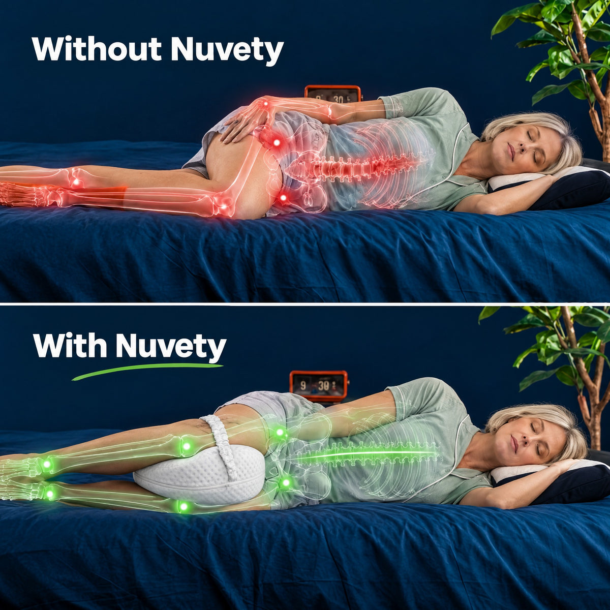 Side sleeper without and with the Nuvety knee pillow: legs stacked, hips and spine aligned