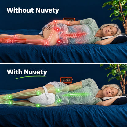 Side sleeper without and with the Nuvety knee pillow: legs stacked, hips and spine aligned
