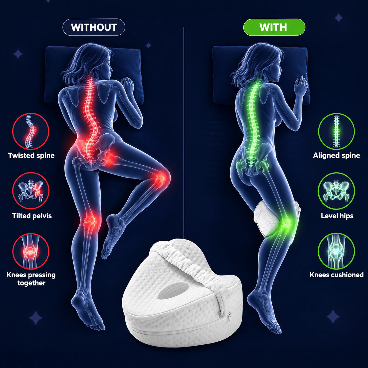 Sleeping posture without and with a knee pillow: twisted vs aligned spine