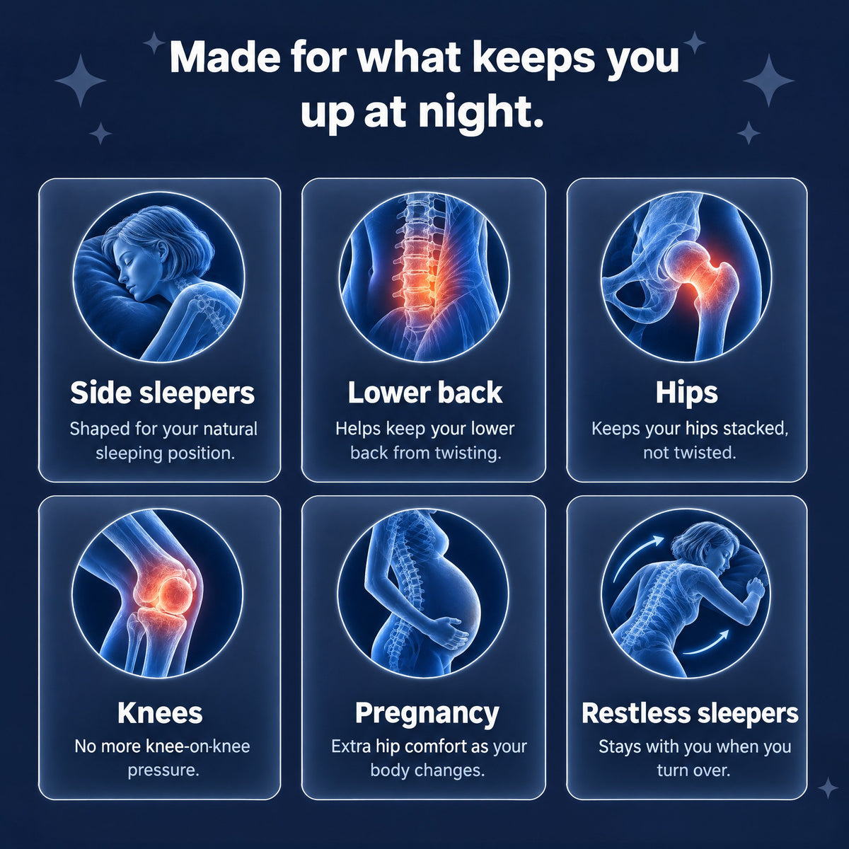 Made for side sleepers: lower back, hips, knees, pregnancy, restless sleepers