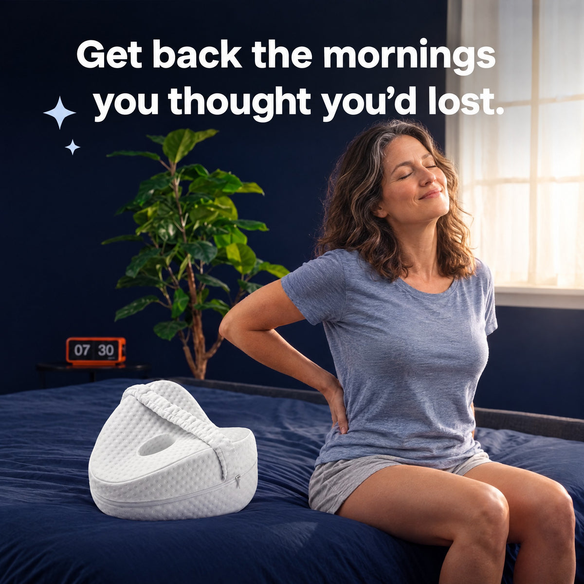 Woman waking up rested, Nuvety knee pillow on the bed