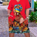 Plus Size Butterfly Print Dress – Casual V-Neck Short Sleeve Dress with Pockets for Women