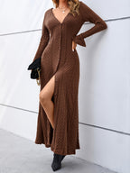 Elegant V-Neck Bodycon Dress - Women's Solid Mid Elasticity Knit Dress