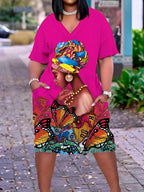 Plus Size Butterfly Print Dress – Casual V-Neck Short Sleeve Dress with Pockets for Women
