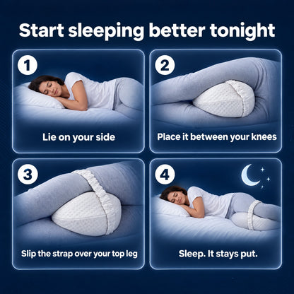 How to use: lie on your side, place it between your knees, slip the strap over your top leg, sleep