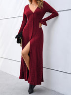 Elegant V-Neck Bodycon Dress - Women's Solid Mid Elasticity Knit Dress