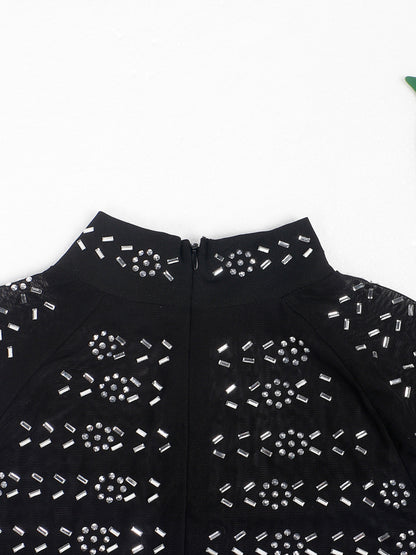 [Slim Club Dresses] Sexy Rhinestone Long Sleeve High Neck Dresses - Women's Fashion Slim Club Birthday Party Nightclub Dresses