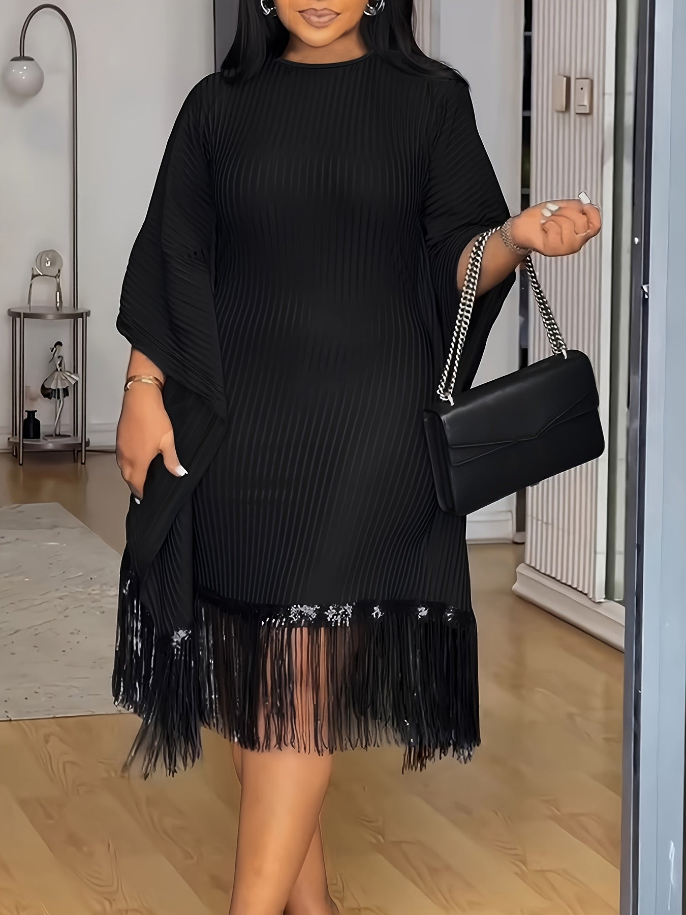 Bat Sleeve Plus Size Tights Tassel Dress