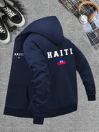 Men’s Haiti Flag Hooded Jacket – Casual Zip-Up Sportswear