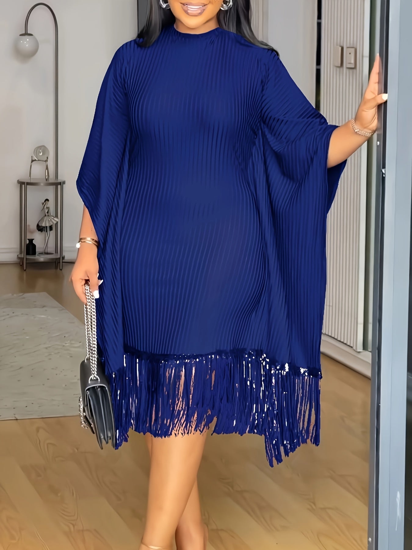 Bat Sleeve Plus Size Tights Tassel Dress