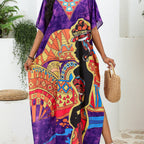 Bohemian African Print V-Neck Maxi Dress – Lightweight Summer Cover-Up with Slit