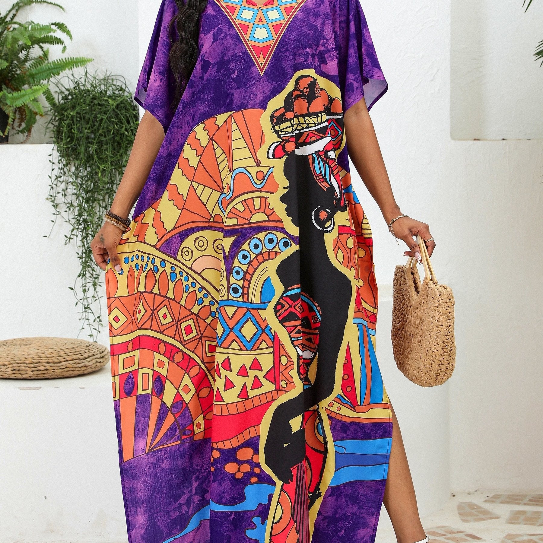 Bohemian African Print V-Neck Maxi Dress – Lightweight Summer Cover-Up with Slit