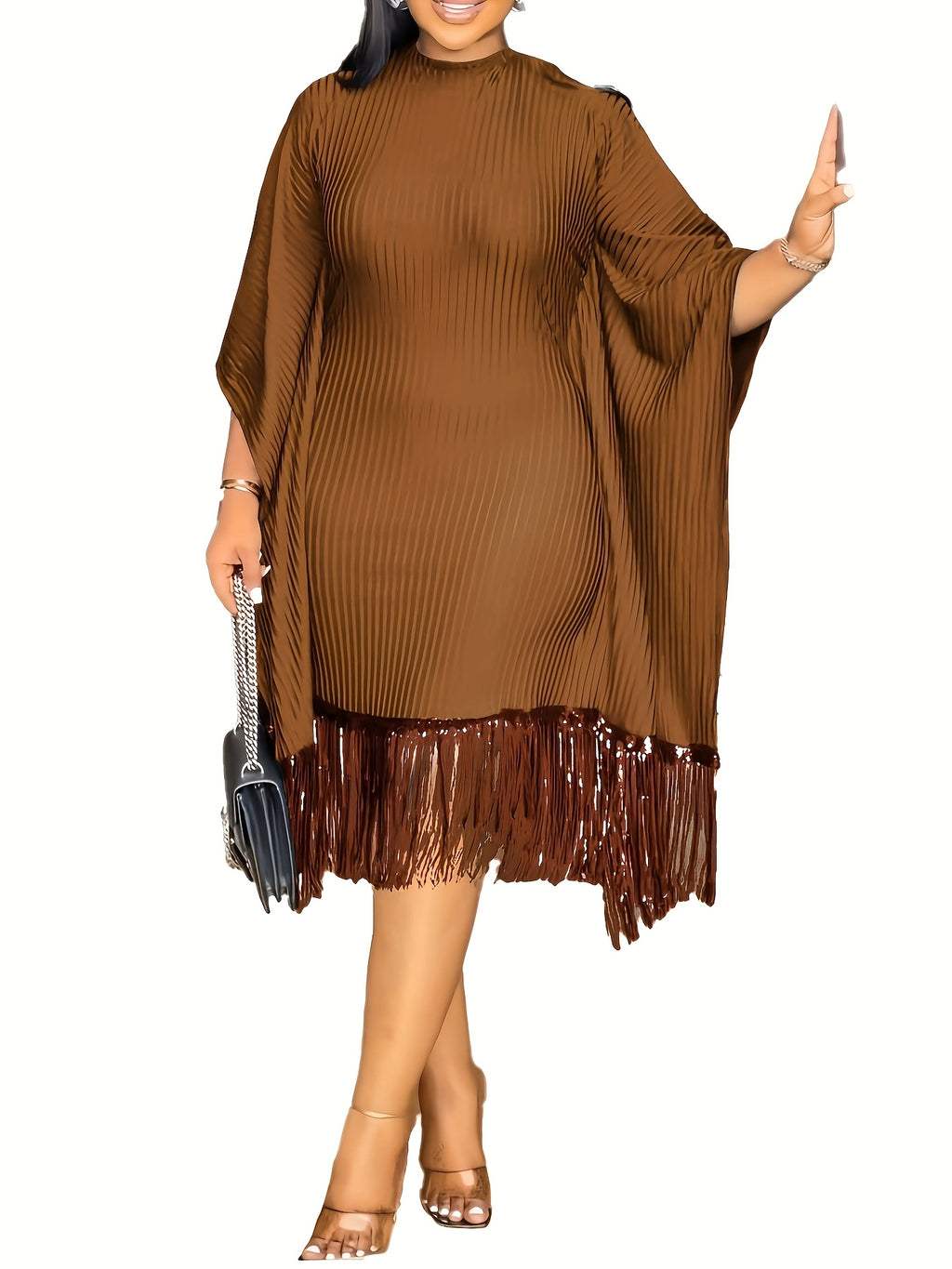 Bat Sleeve Plus Size Tights Tassel Dress