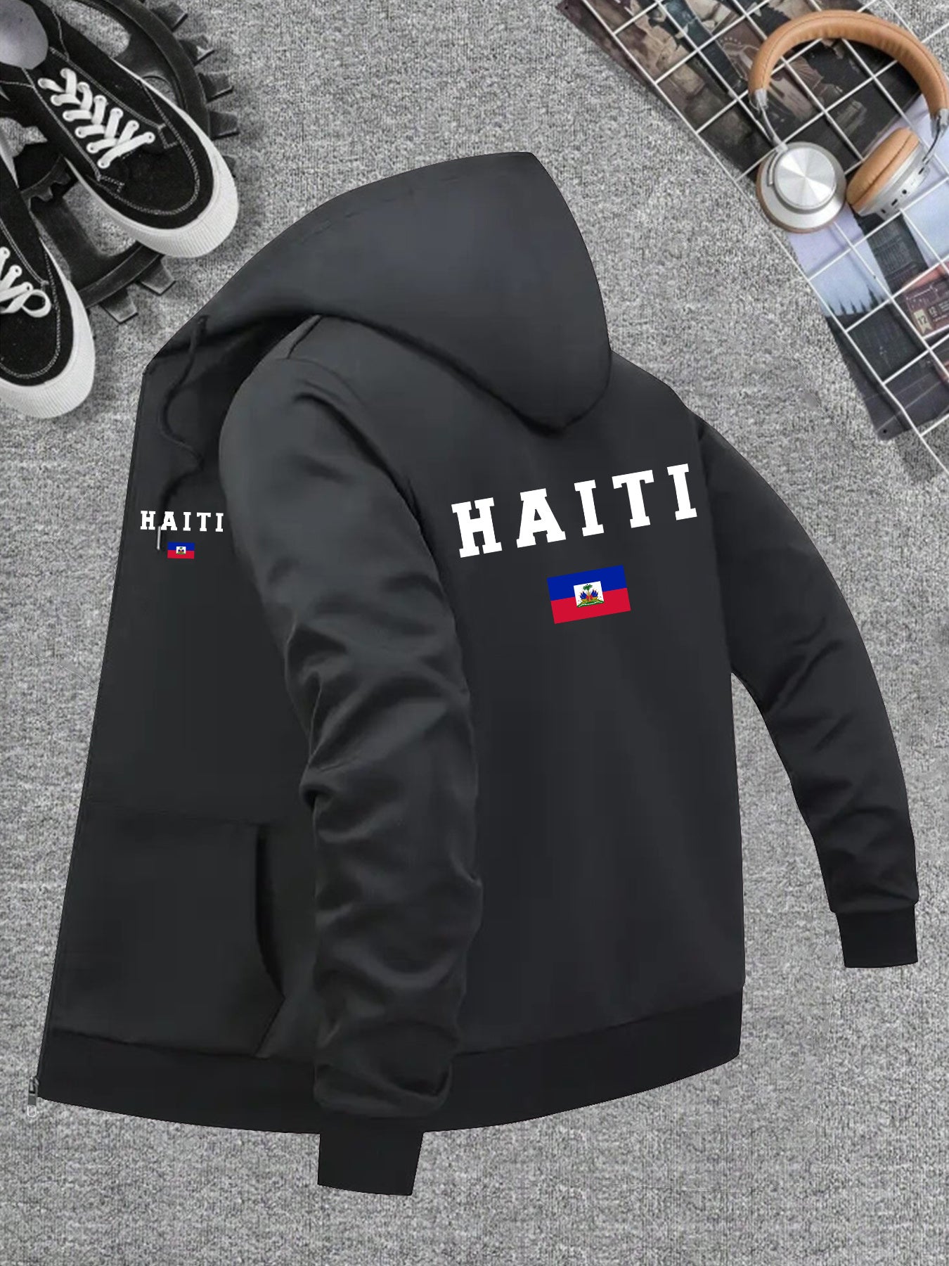 Men’s Haiti Flag Hooded Jacket – Casual Zip-Up Sportswear