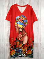 Plus Size Butterfly Print Dress – Casual V-Neck Short Sleeve Dress with Pockets for Women