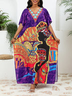 Bohemian African Print V-Neck Maxi Dress – Lightweight Summer Cover-Up with Slit