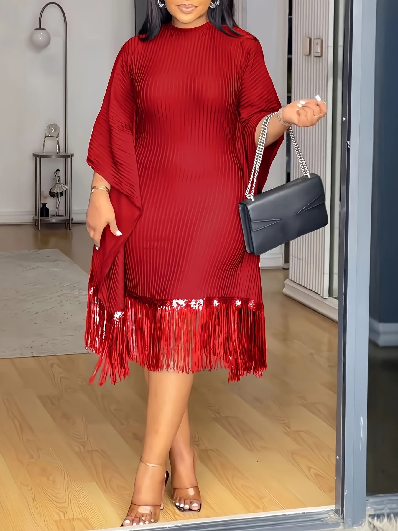 Bat Sleeve Plus Size Tights Tassel Dress