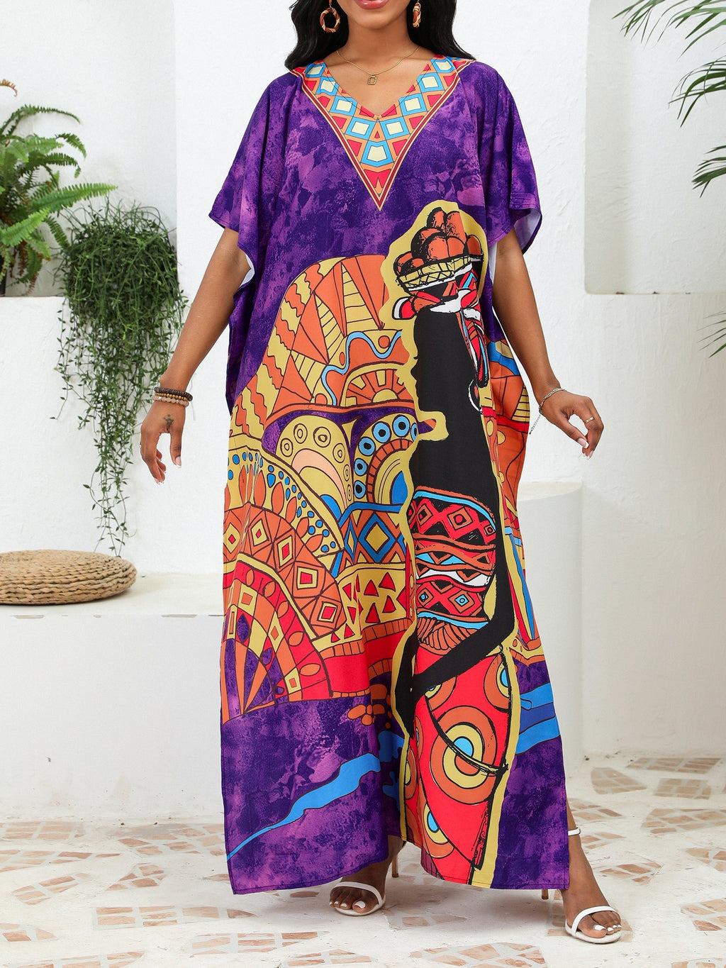 Bohemian African Print V-Neck Maxi Dress – Lightweight Summer Cover-Up with Slit