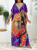 Bohemian African Print V-Neck Maxi Dress – Lightweight Summer Cover-Up with Slit
