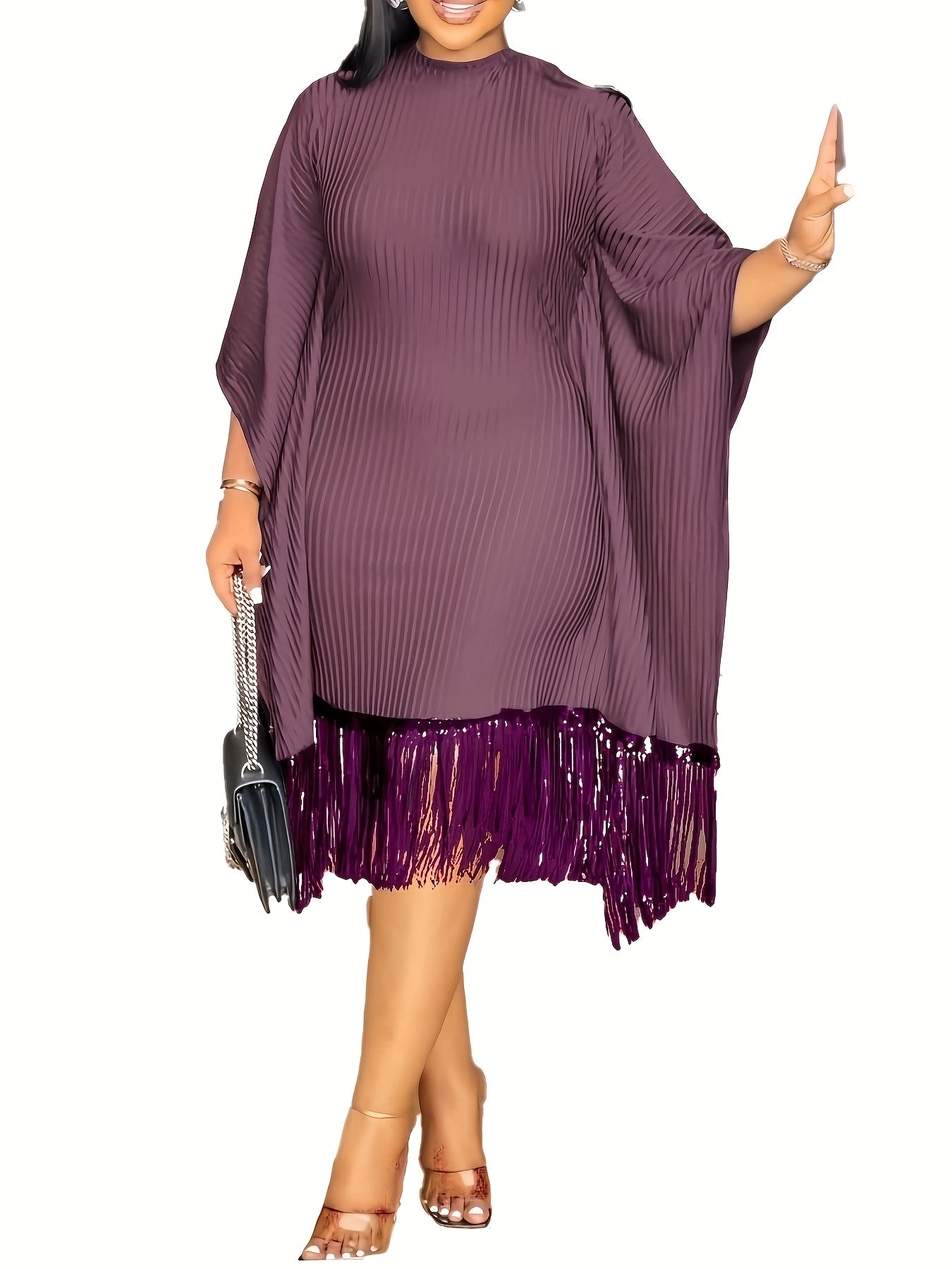 Bat Sleeve Plus Size Tights Tassel Dress