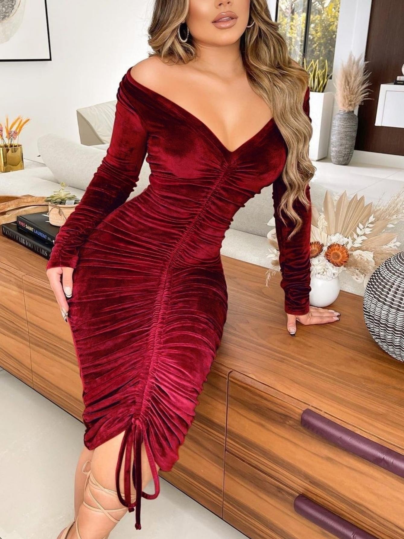 Velvet Off The Shoulder Bodycon Dress