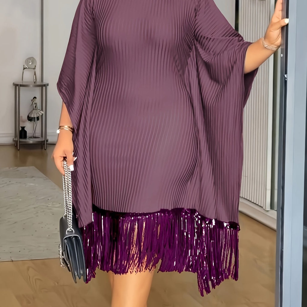 Bat Sleeve Plus Size Tights Tassel Dress