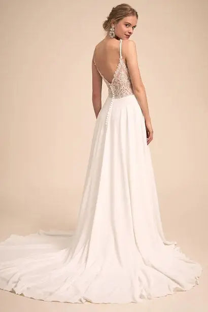 Elegant V-Neck Lace Back Wedding Dress