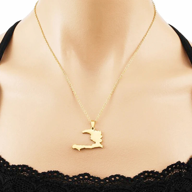 Gold Haiti Map & Flag Pendant Necklace