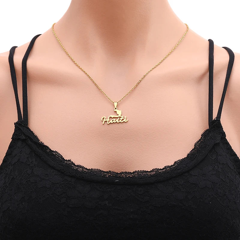 Gold Haiti Map & Flag Pendant Necklace