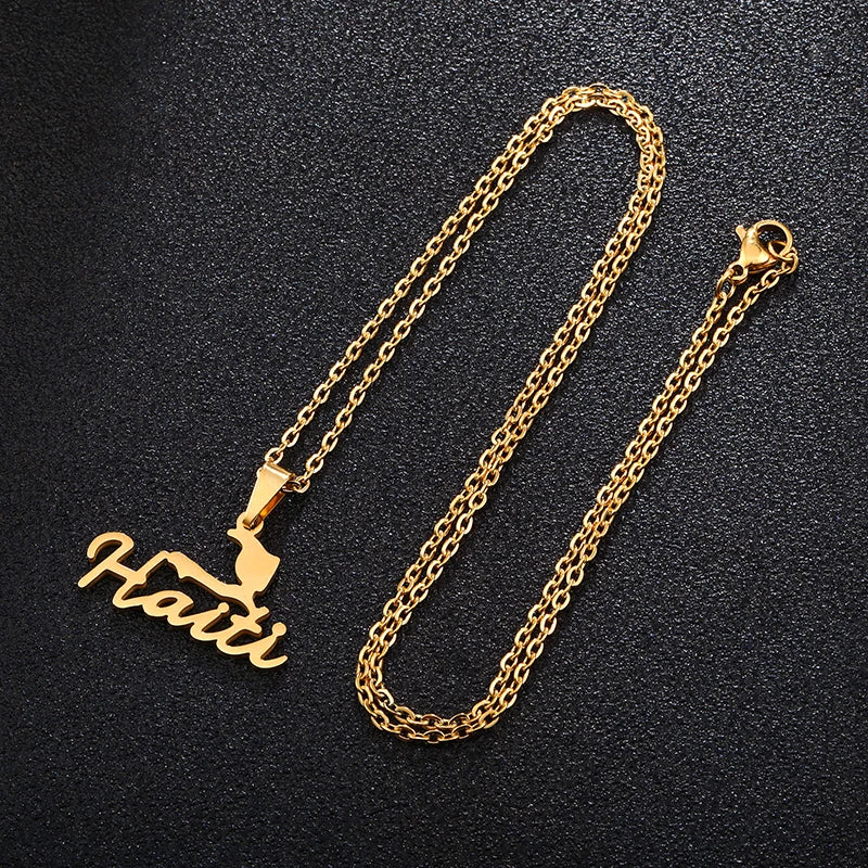 Gold Haiti Map & Flag Pendant Necklace