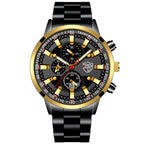 Luxury Men’s Quartz Watch – Gold Needle, Steel Band, Calendar Display Classic Business & Casual Style
