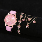 6PCS Pink Watch & Bracelet Set for Women and Girls