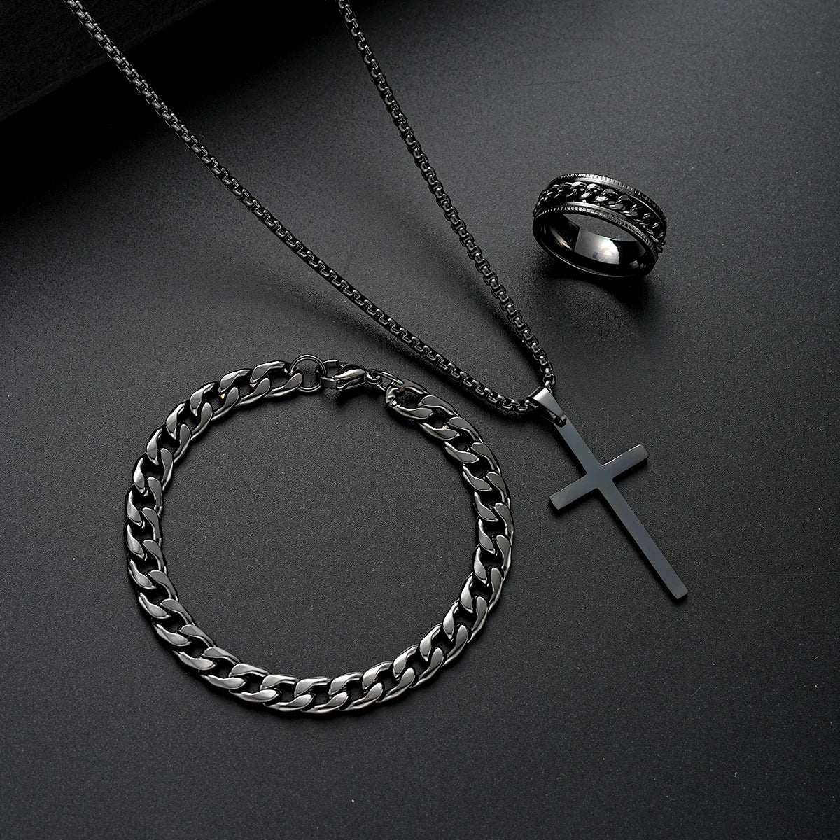 3PCS Stainless Steel Jewelry Set – Bracelet, Necklace & Ring | Unisex