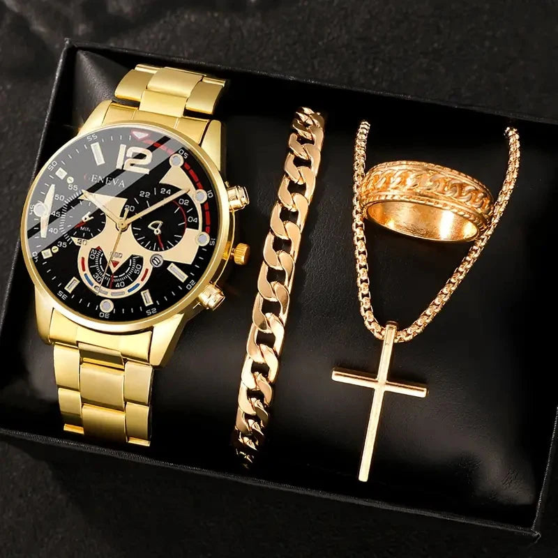 Men's 4-Piece Gold Jewelry Set – Roman Watch
