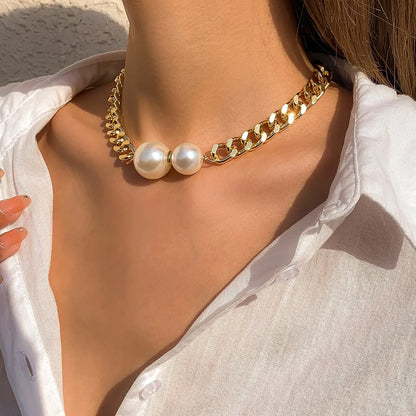 Women’s Vintage Punk Cuban Chain Choker Necklace with Gothic Pearl Pendant