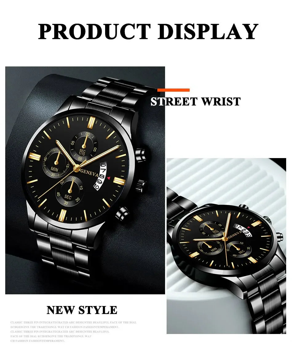 ⌚ Men’s  Stainless Steel Quartz Watch – Classic Business Style with Calendar Display
