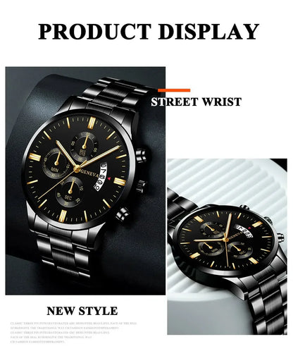 ⌚ Men’s  Stainless Steel Quartz Watch – Classic Business Style with Calendar Display